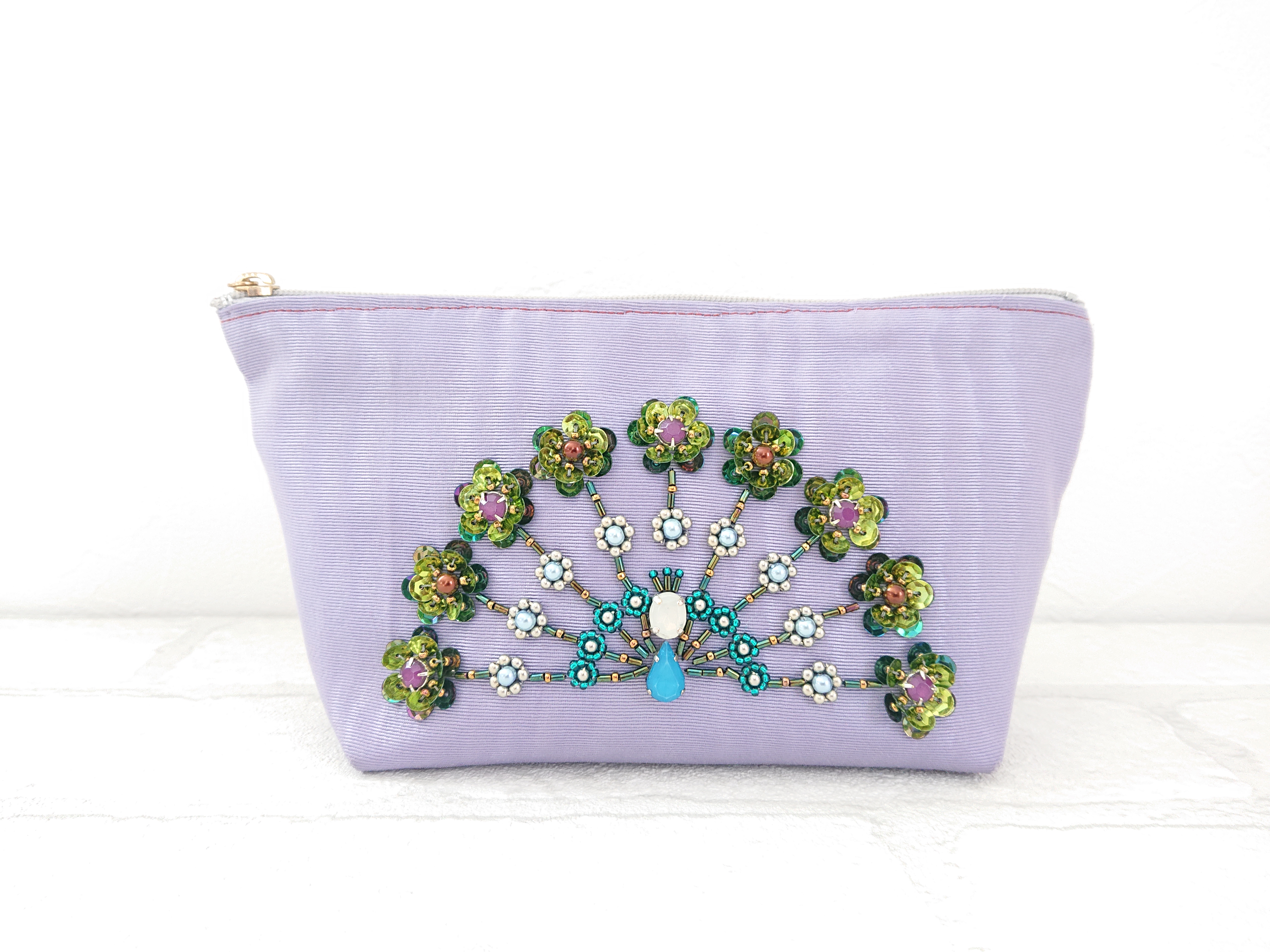 ビーズ刺繍のおしゃれポーチ(グリーン)