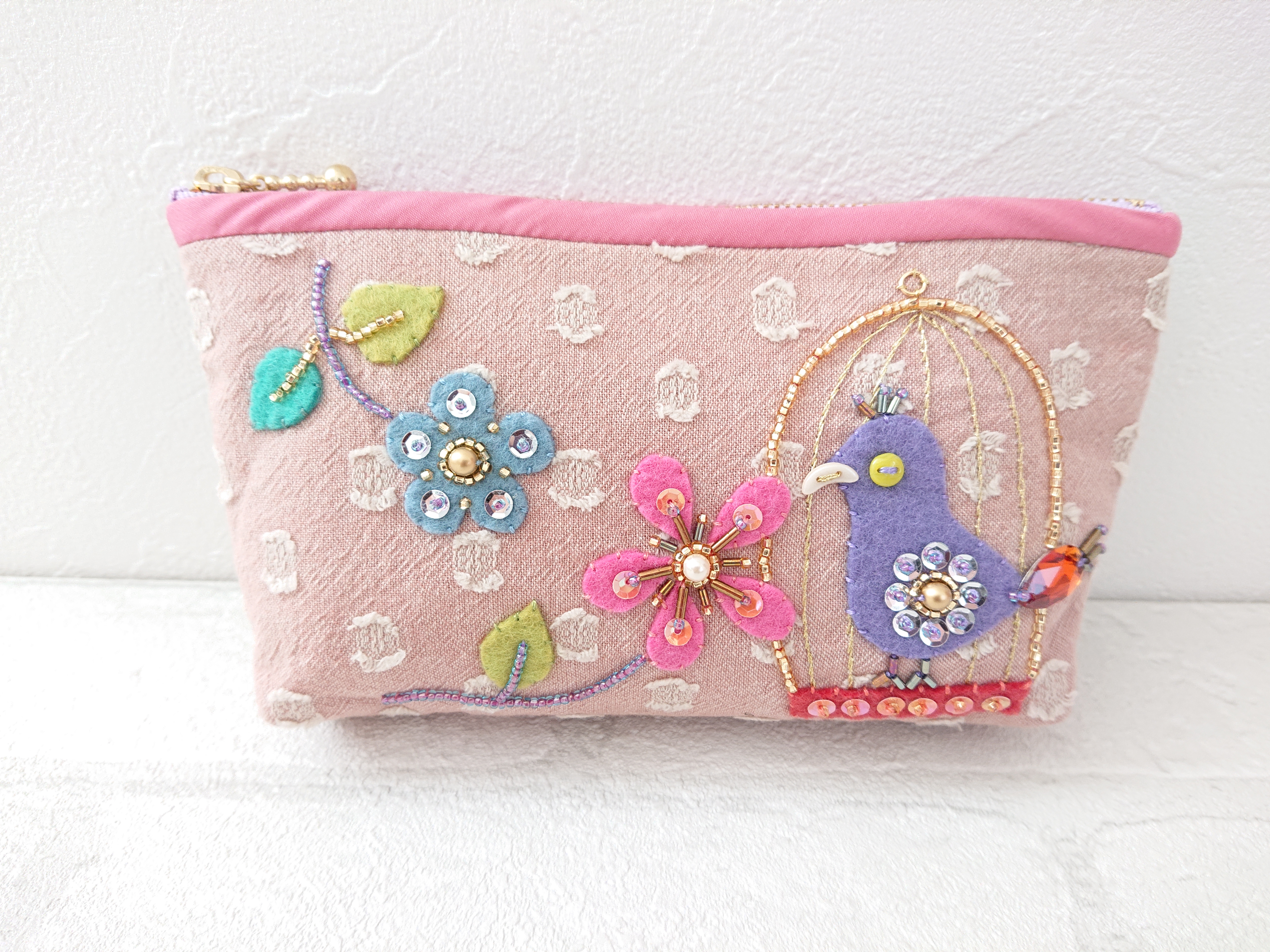 鳥とフラワーのポーチ